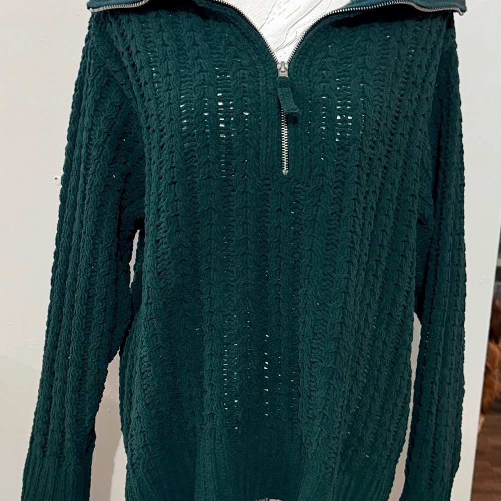 Aerie Forest Green Knit Sweater Quarter Zip